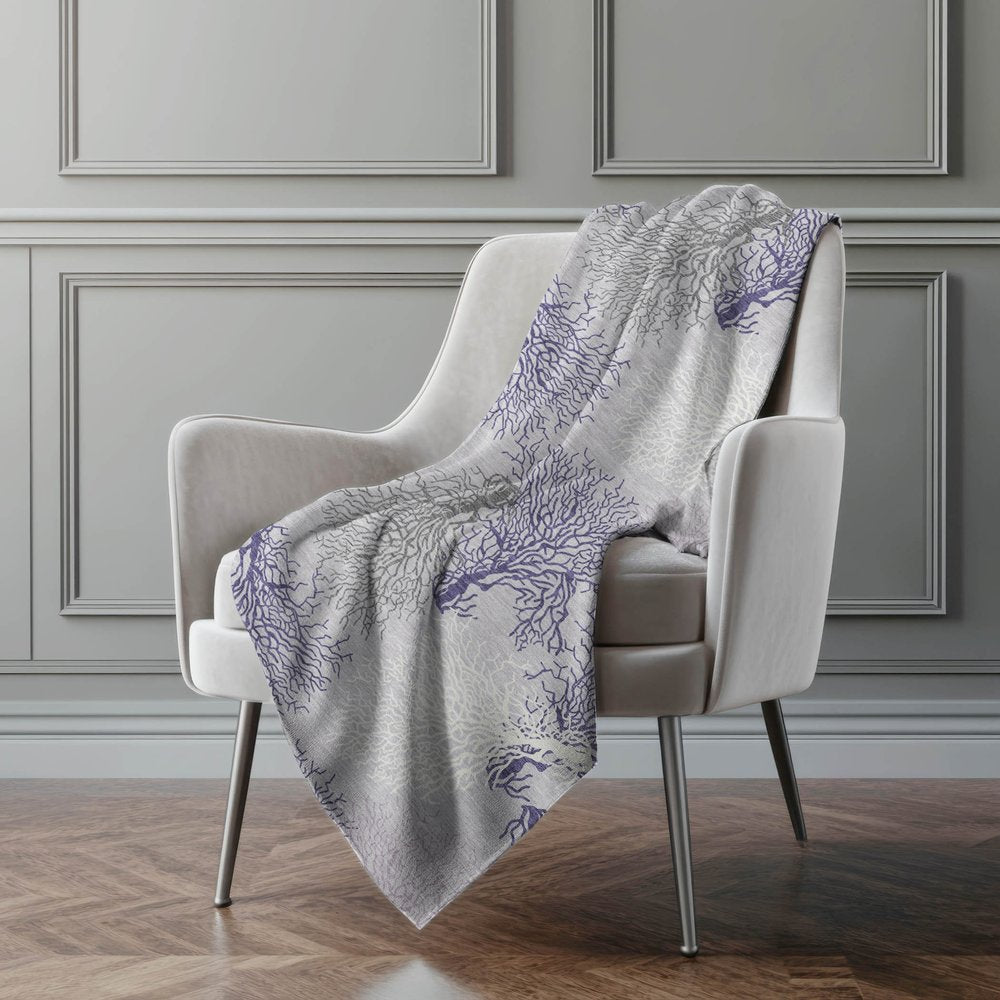 50" X 70" Purple Ivory And Gray Floral Polyester Woven Plush Throw Blanket