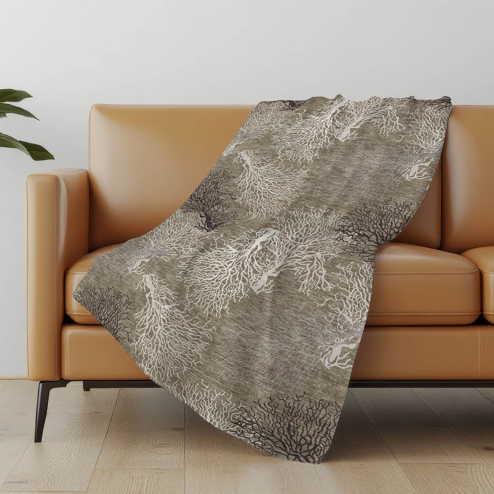 50" X 70" Latte Ivory And Beige Floral Polyester Woven Plush Throw Blanket