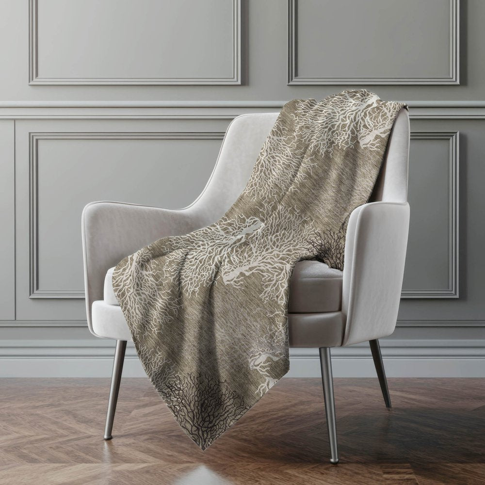 50" X 70" Latte Ivory And Beige Floral Polyester Woven Plush Throw Blanket