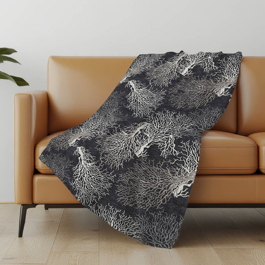 50" X 70" Midnight Ivory And Gray Floral Polyester Woven Plush Throw Blanket