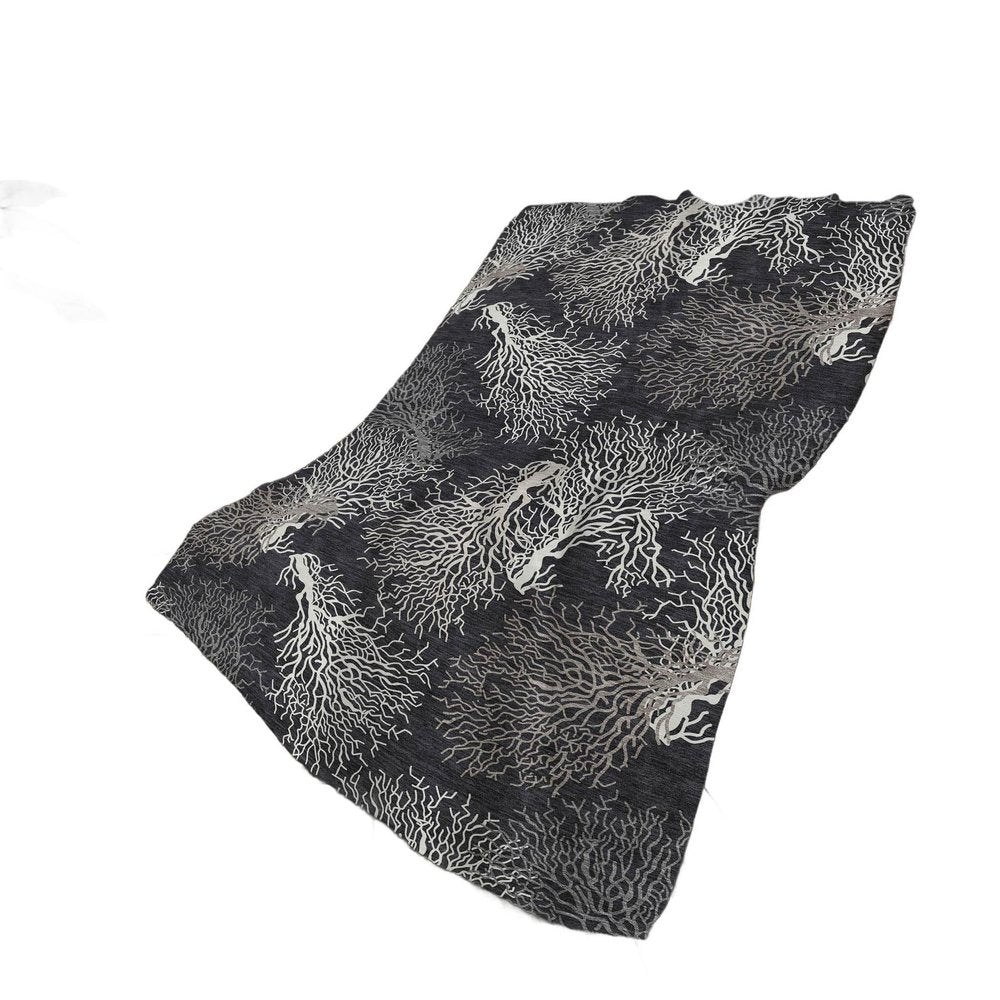 50" X 70" Midnight Ivory And Gray Floral Polyester Woven Plush Throw Blanket