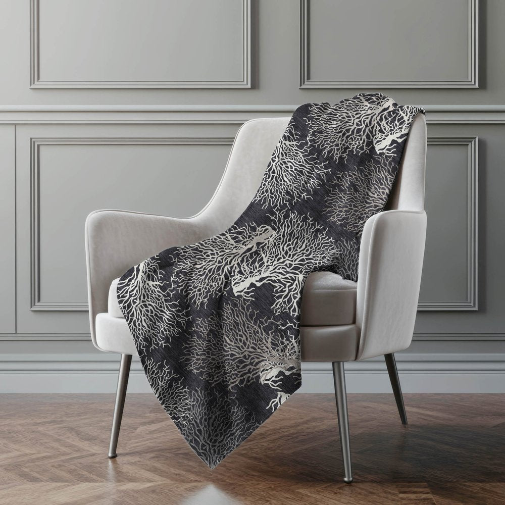 50" X 70" Midnight Ivory And Gray Floral Polyester Woven Plush Throw Blanket