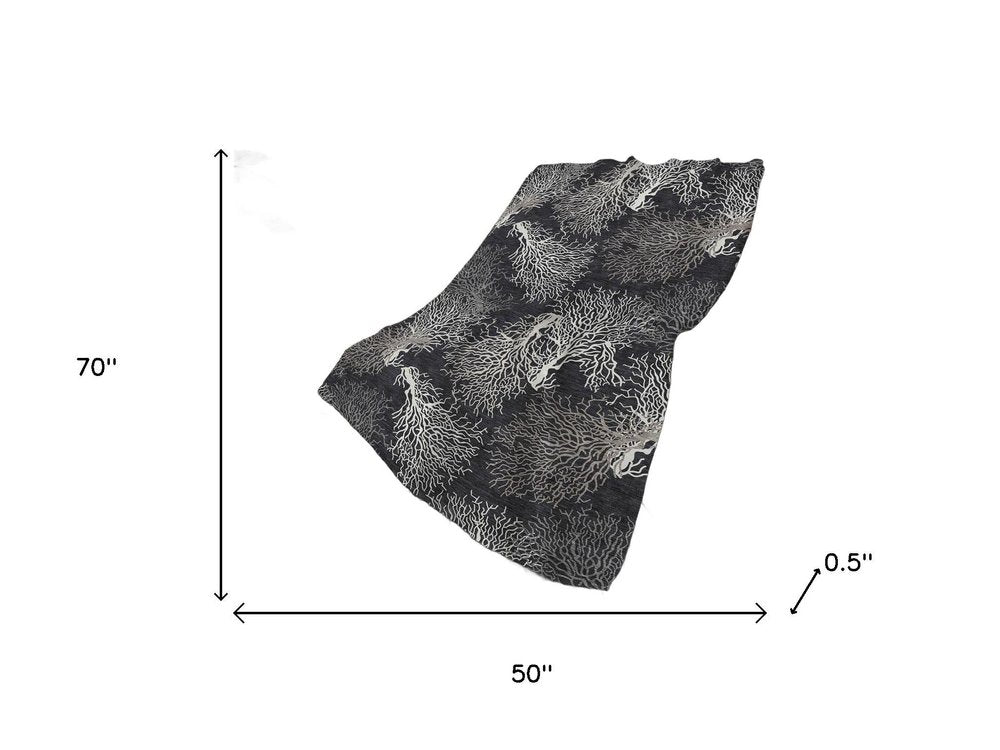 50" X 70" Midnight Ivory And Gray Floral Polyester Woven Plush Throw Blanket