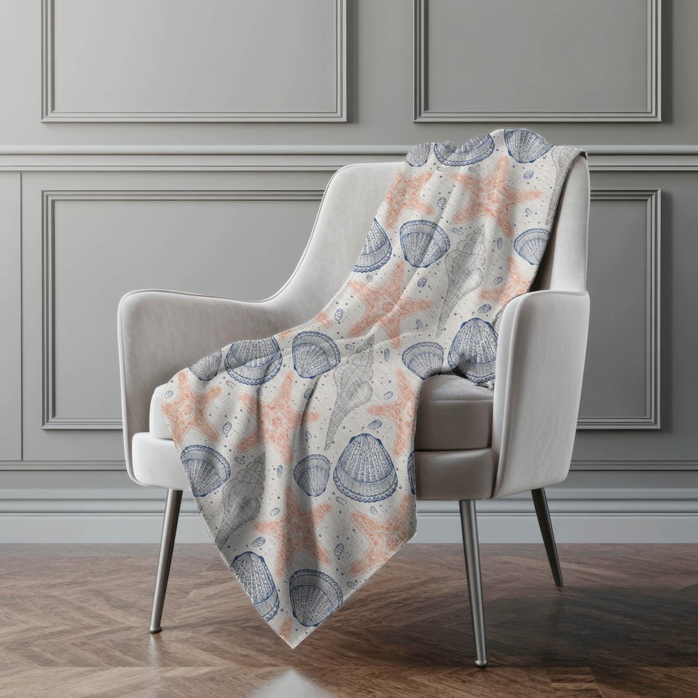 50" X 70" Peach Ivory And Blue Animal Print Polyester Woven Plush Throw Blanket
