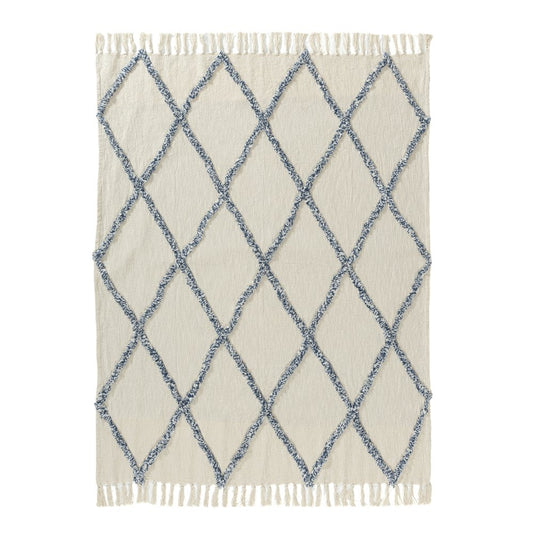 50" X 60" Ivory And Blue Argyle Cotton Woven Throw Blanket