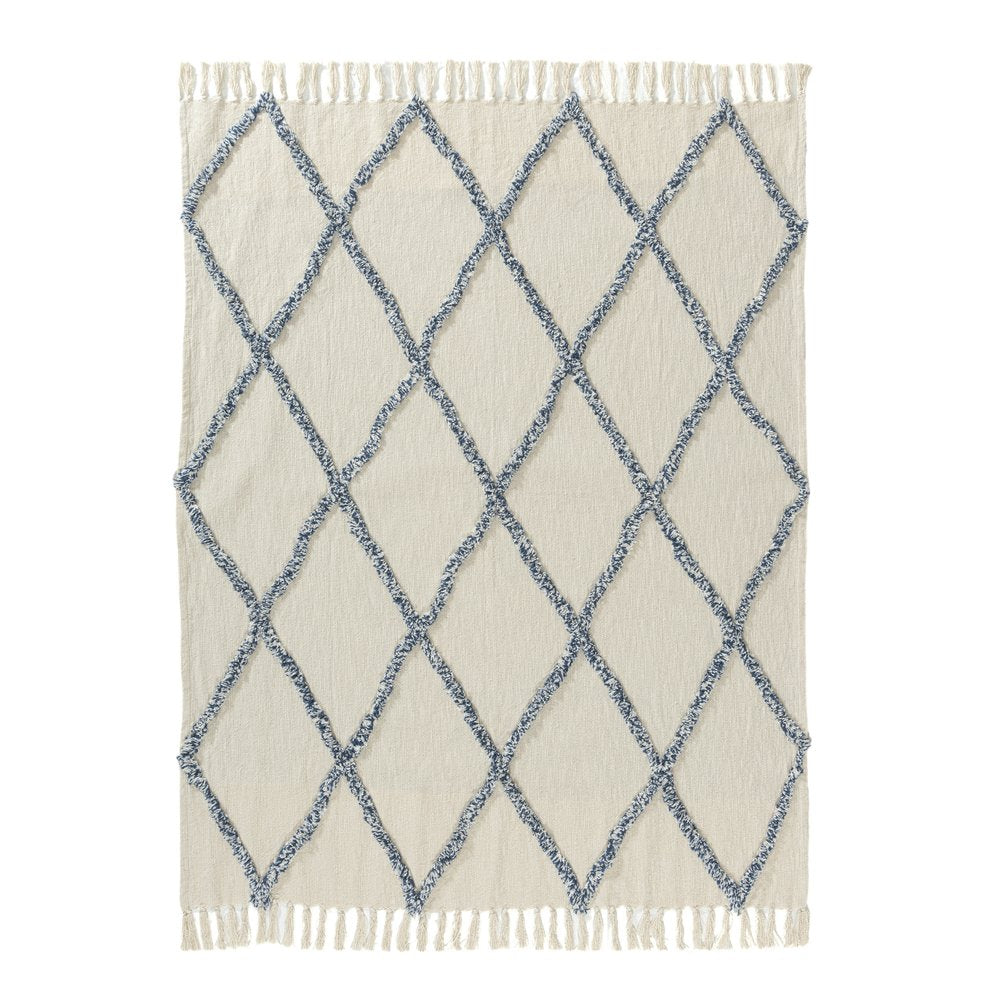 50" X 60" Ivory And Blue Argyle Cotton Woven Throw Blanket