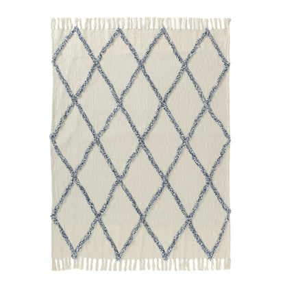 50" X 60" Ivory And Blue Argyle Cotton Woven Throw Blanket