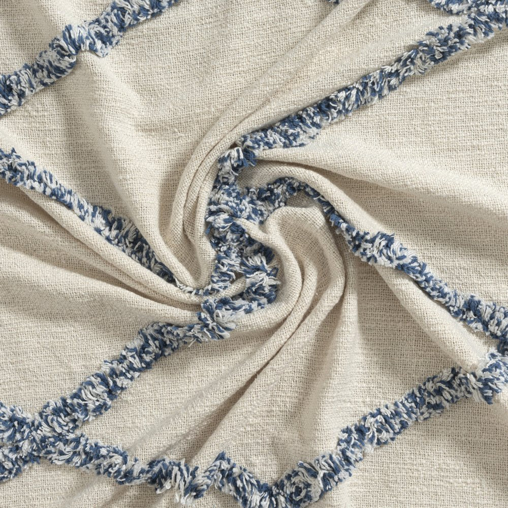 50" X 60" Ivory And Blue Argyle Cotton Woven Throw Blanket