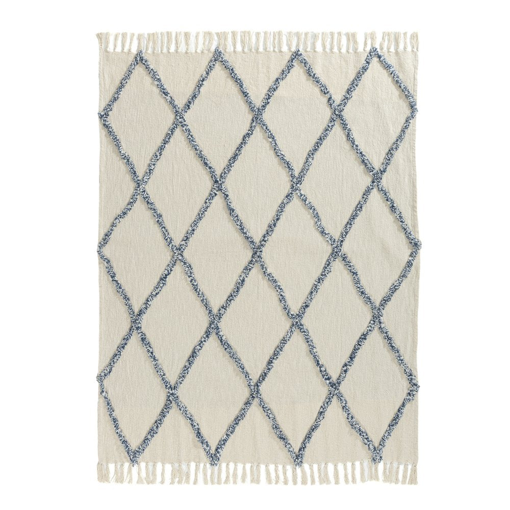 50" X 60" Ivory And Blue Argyle Cotton Woven Throw Blanket