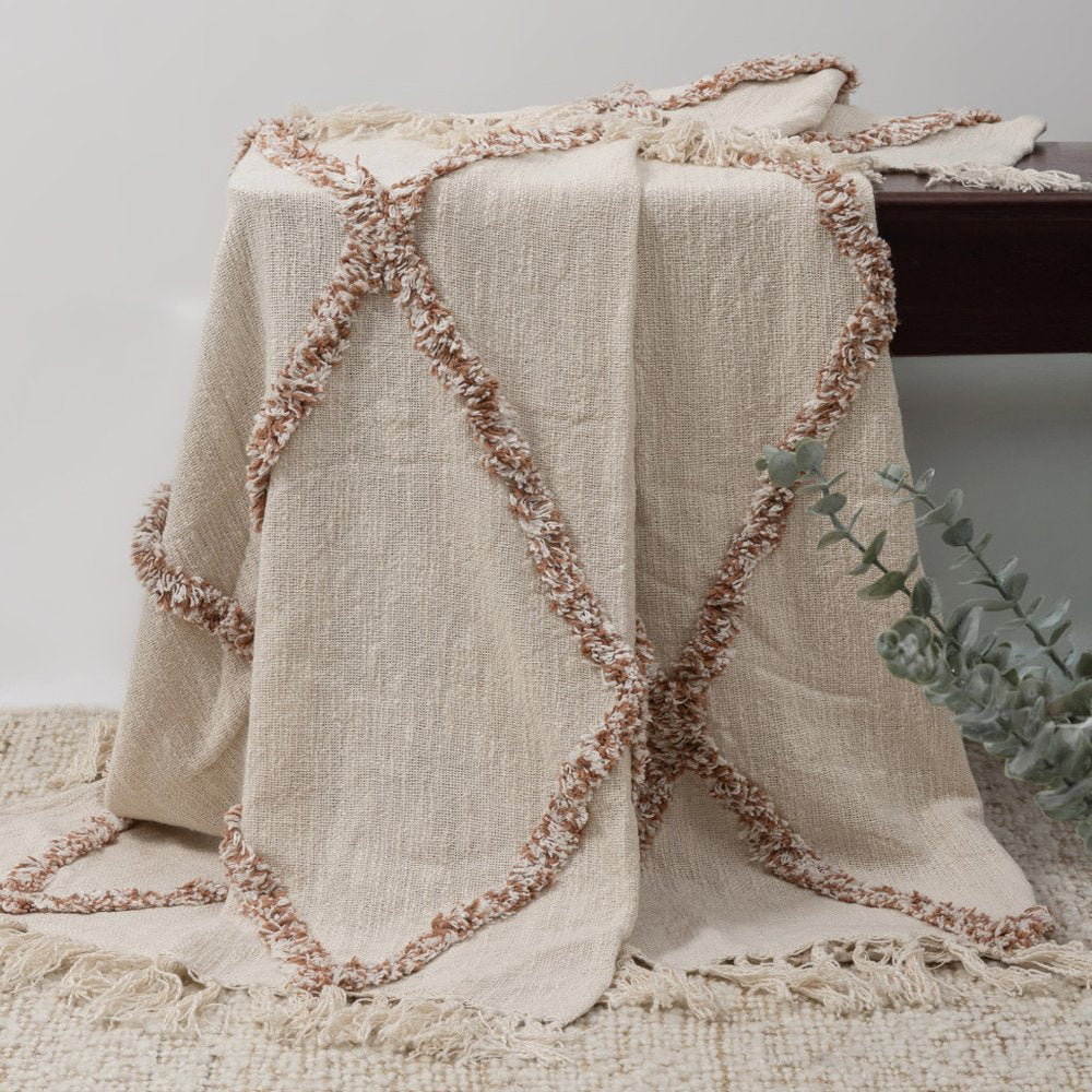50" X 60" Ivory And Brown Argyle Cotton Woven Throw Blanket