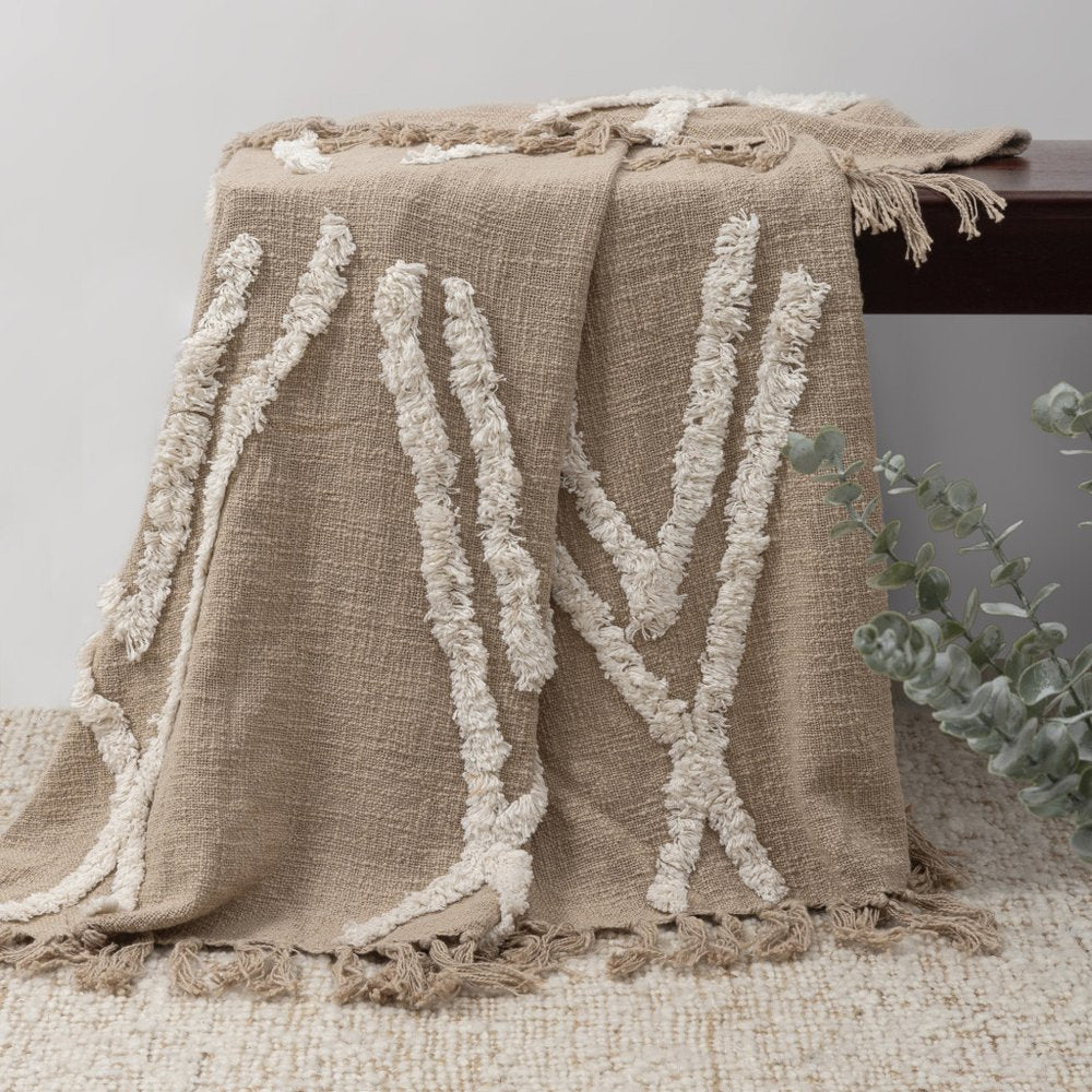 50" X 60" Tan And Ivory Geometric Cotton Woven Throw Blanket