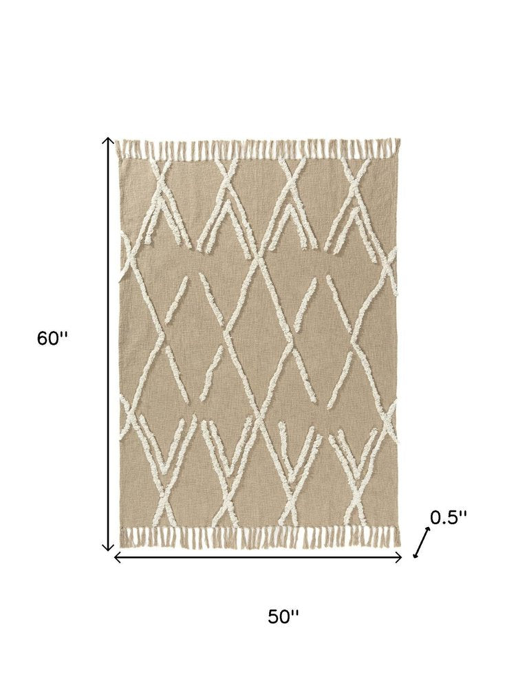 50" X 60" Tan And Ivory Geometric Cotton Woven Throw Blanket