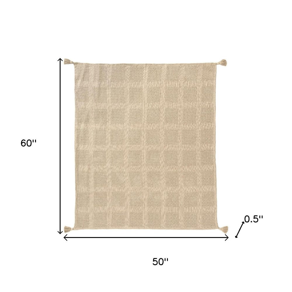 50" X 60" Tan And Beige Patchwork Cotton Woven Throw Blanket