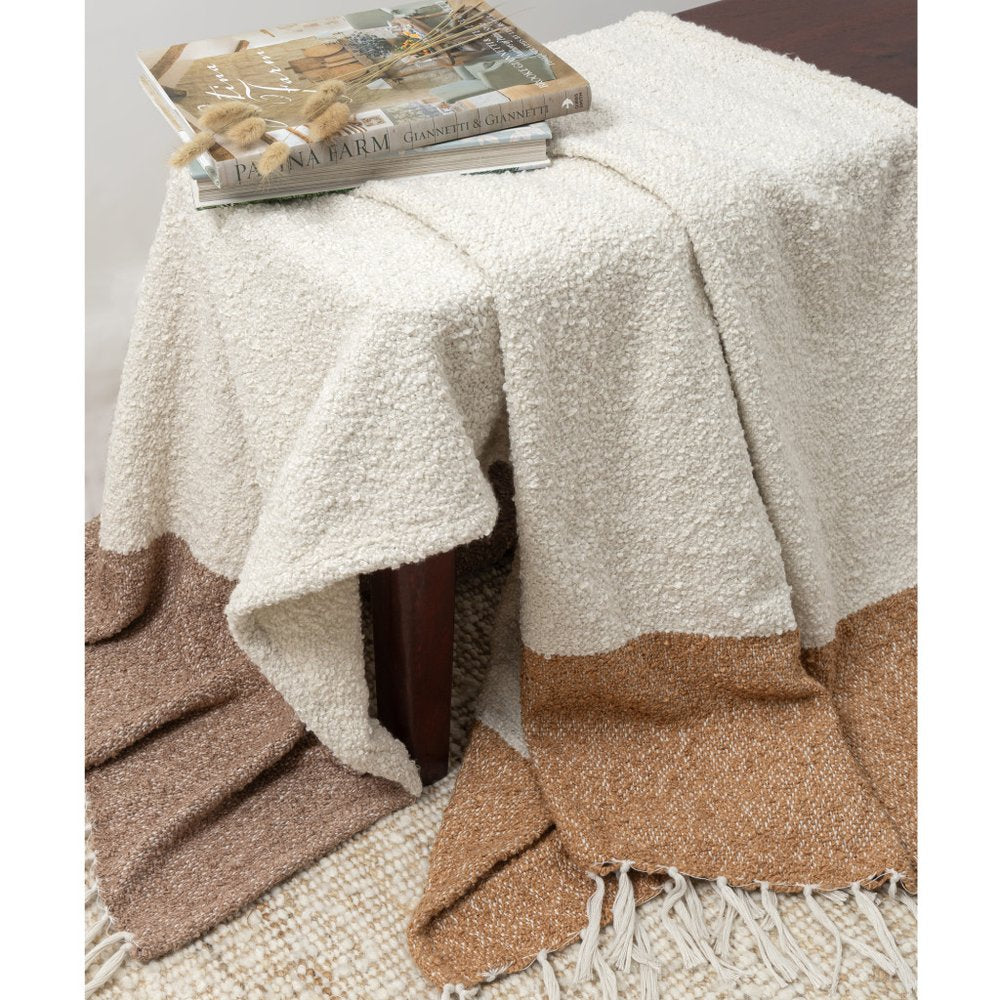 50" X 60" Ivory And Brown Color Block Polyester Woven Throw Blanket