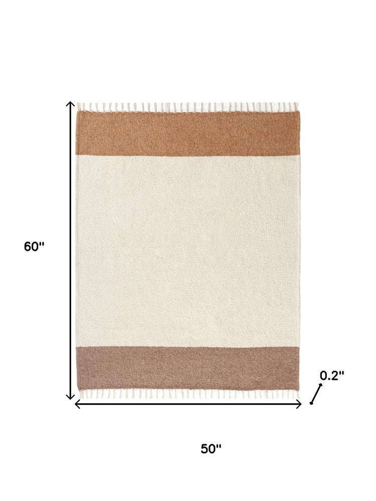 50" X 60" Ivory And Brown Color Block Polyester Woven Throw Blanket