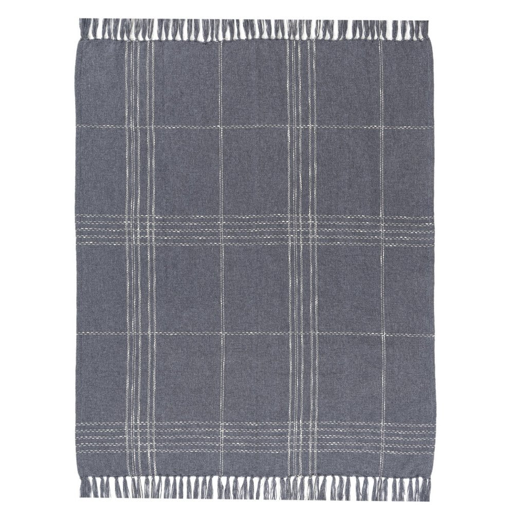 50" X 60" Blue And Ivory Plaid Cotton Blend Woven Throw Blanket
