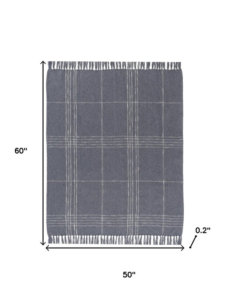 50" X 60" Blue And Ivory Plaid Cotton Blend Woven Throw Blanket