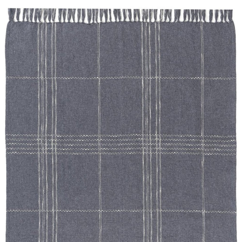 50" X 60" Blue And Ivory Plaid Cotton Blend Woven Throw Blanket