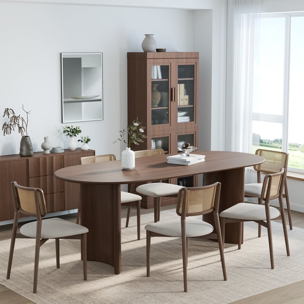 66" Brown Solid Wood Double Pedestal Base Oval Dining Table