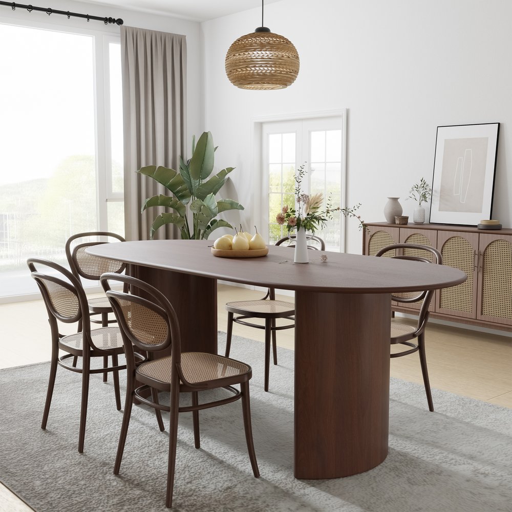66" Brown Solid Wood Double Pedestal Base Oval Dining Table