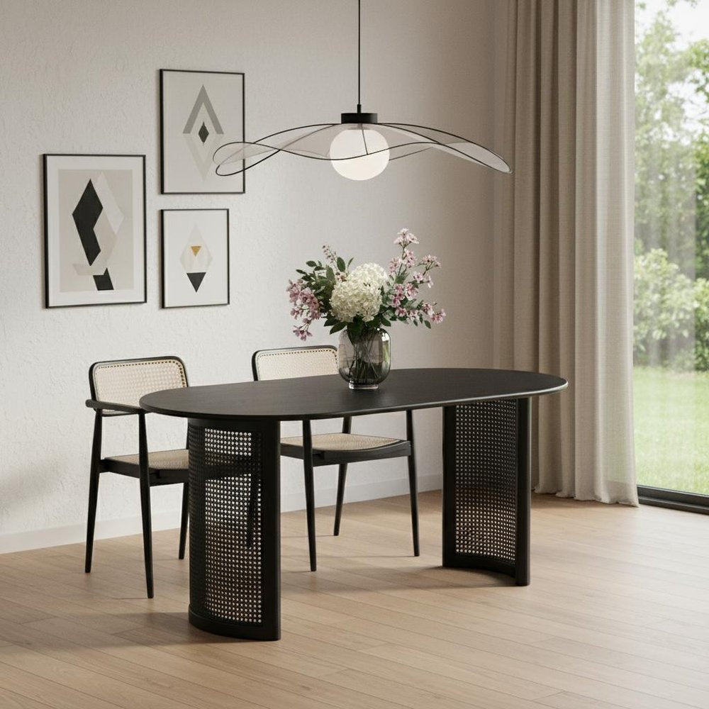 66" Black Solid Wood Double Pedestal Base Oval Dining Table