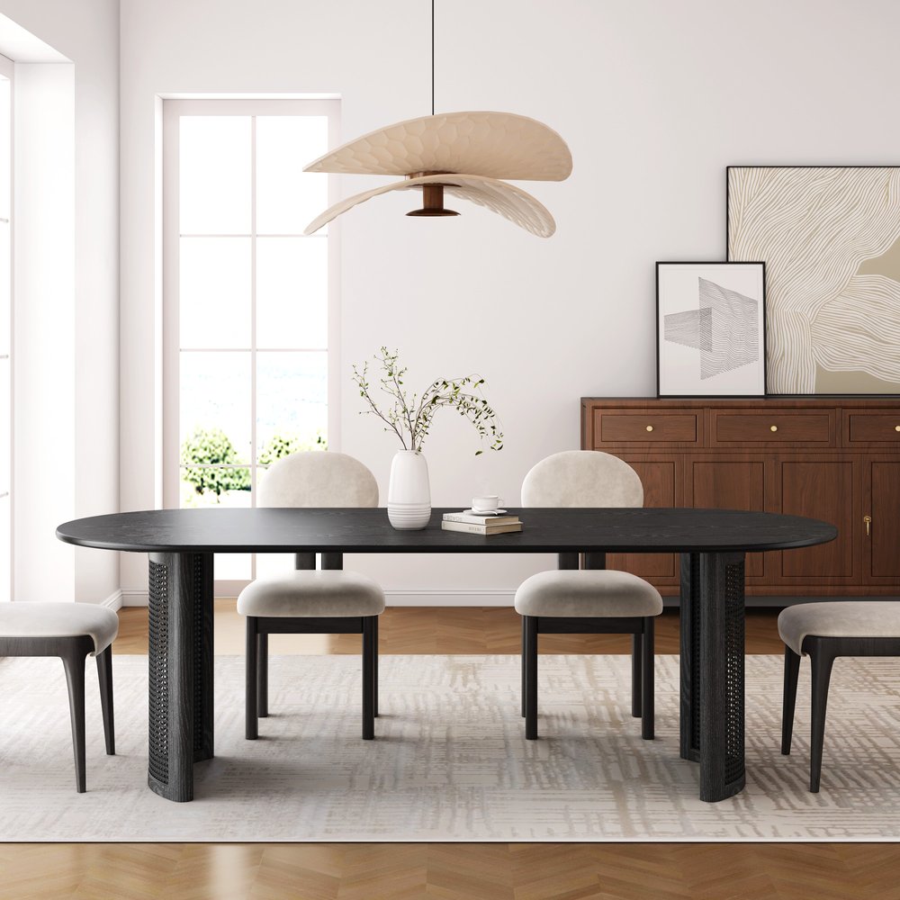 66" Black Solid Wood Double Pedestal Base Oval Dining Table