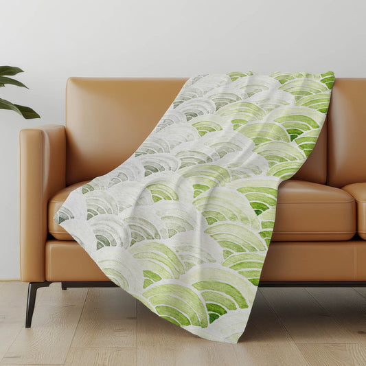 50" X 70" Green Ivory And Gray Coastal Seashell Polyester Woven Plush Throw Blanket