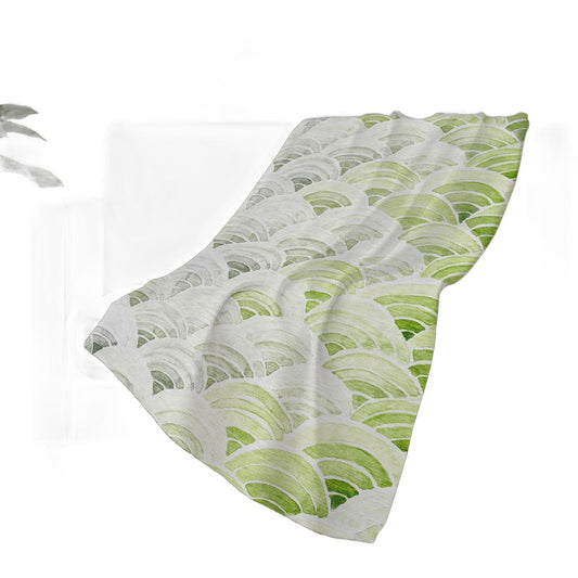 50" X 70" Green Ivory And Gray Coastal Seashell Polyester Woven Plush Throw Blanket
