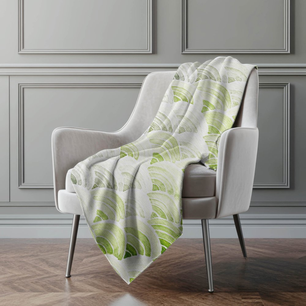 50" X 70" Green Ivory And Gray Coastal Seashell Polyester Woven Plush Throw Blanket