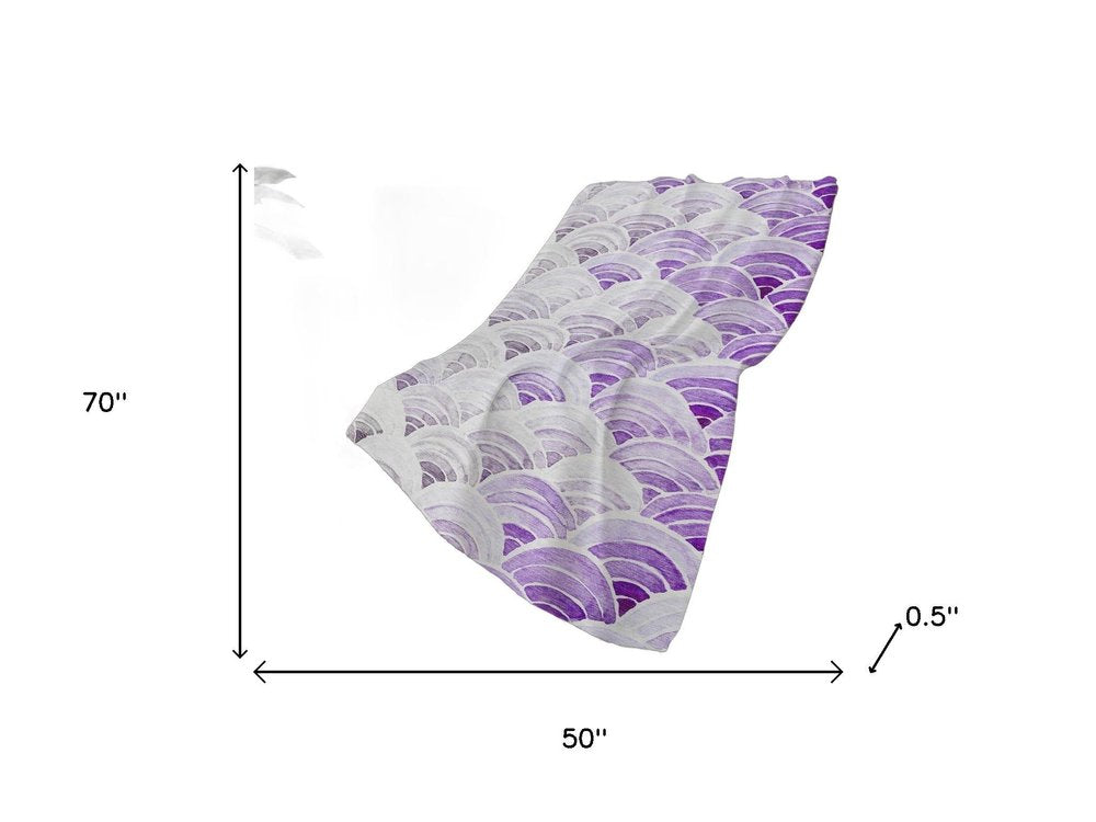 50" X 70" Purple And Ivory Coastal Seashell Polyester Woven Plush Throw Blanket