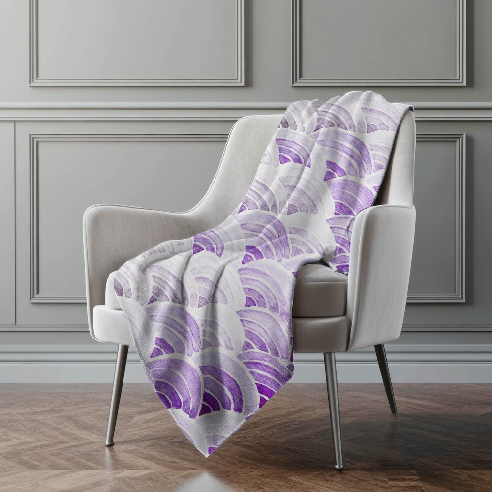50" X 70" Purple And Ivory Coastal Seashell Polyester Woven Plush Throw Blanket