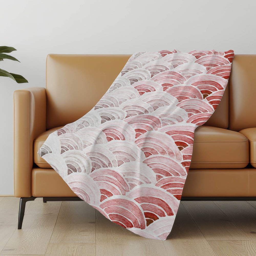 50" X 70" Red And Ivory Coastal Seashell Polyester Woven Plush Throw Blanket