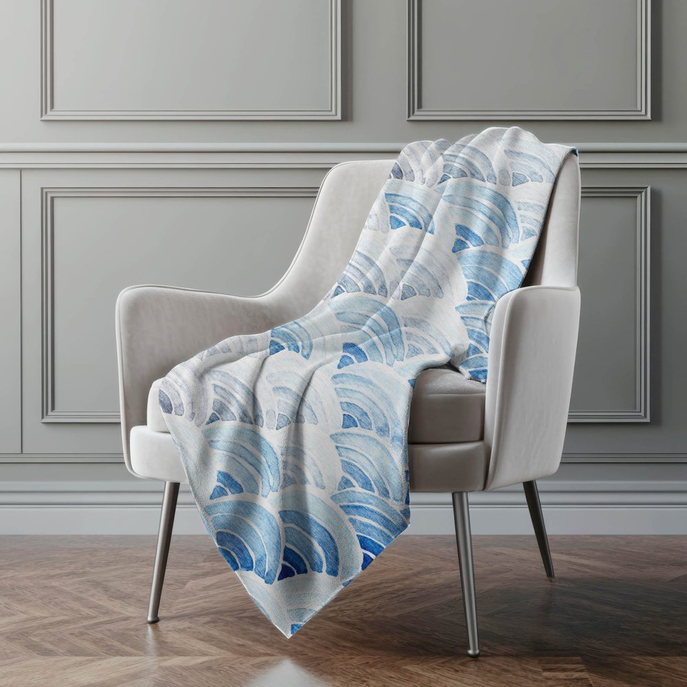 50" X 70" Blue And Ivory Coastal Seashell Microfiber Plush Throw Blanket