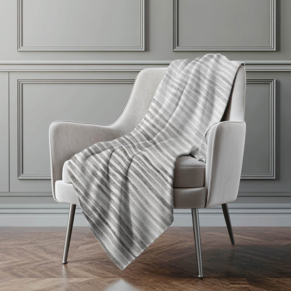 50" X 70" Gray And Ivory Striped Polyester Woven Plush Throw Blanket