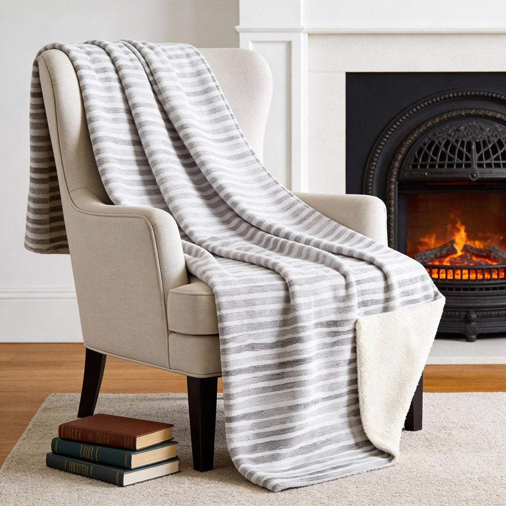 50" X 70" Gray And Ivory Striped Microfiber Plush Throw Blanket