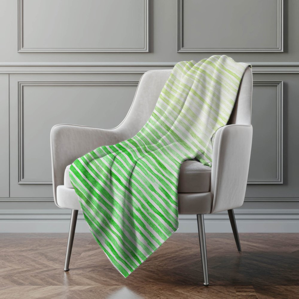 50" X 70" Green And Ivory Striped Polyester Woven Plush Throw Blanket