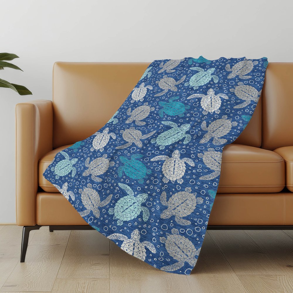 50" X 70" Blue Ivory And Teal Animal Print Polyester Woven Plush Throw Blanket