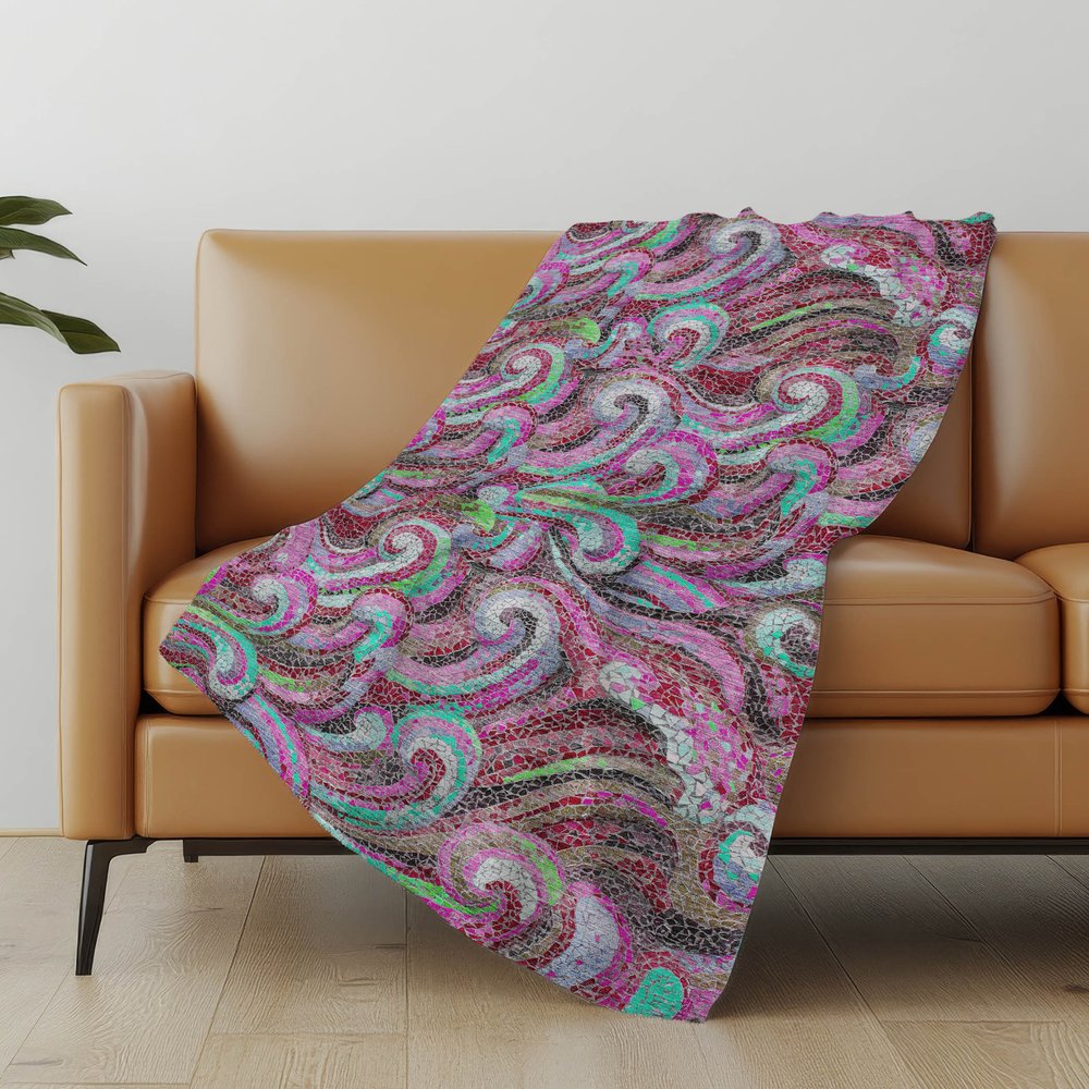 50" X 70" Raspberry Red And Green Abstract Polyester Woven Plush Throw Blanket