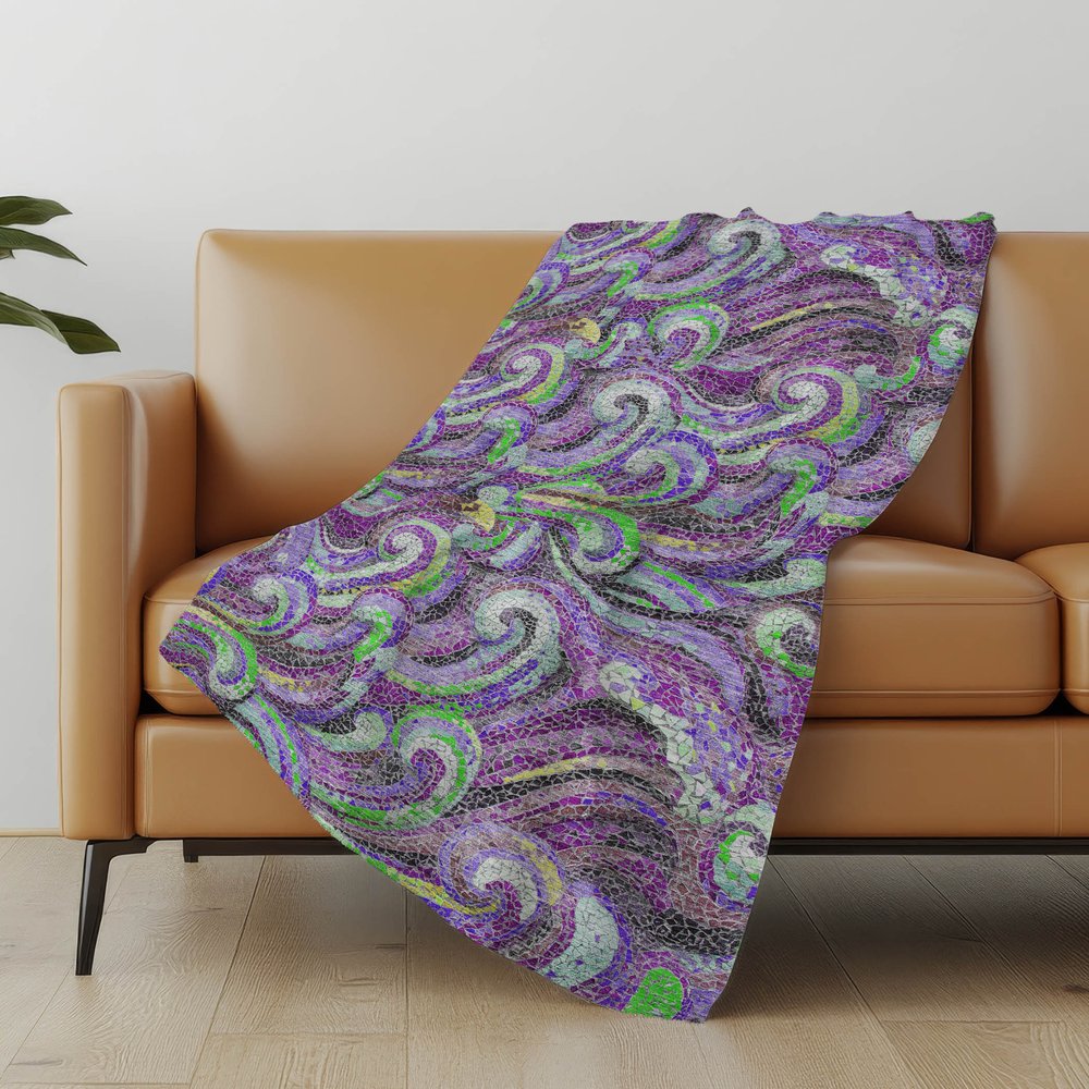 50" X 70" Purple Green And Ivory Abstract Polyester Woven Plush Throw Blanket