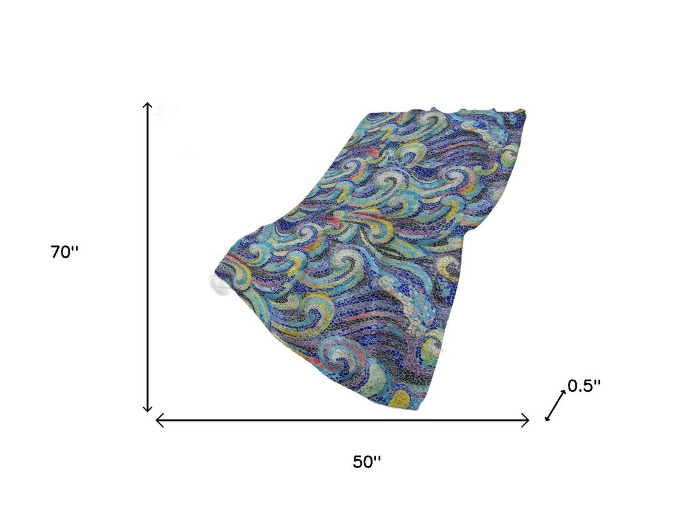 50" X 70" Blue Yellow And Ivory Abstract Polyester Woven Plush Throw Blanket