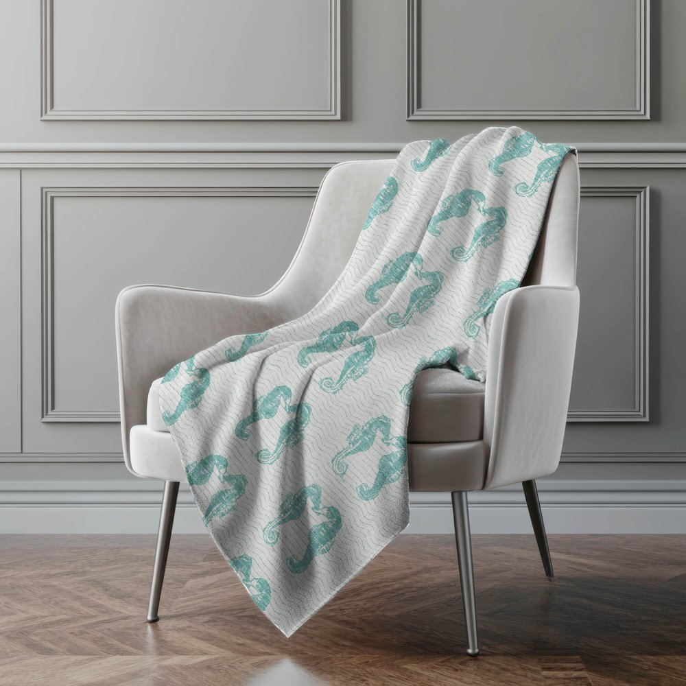 50" X 70" Aqua And Ivory Animal Print Polyester Woven Plush Throw Blanket