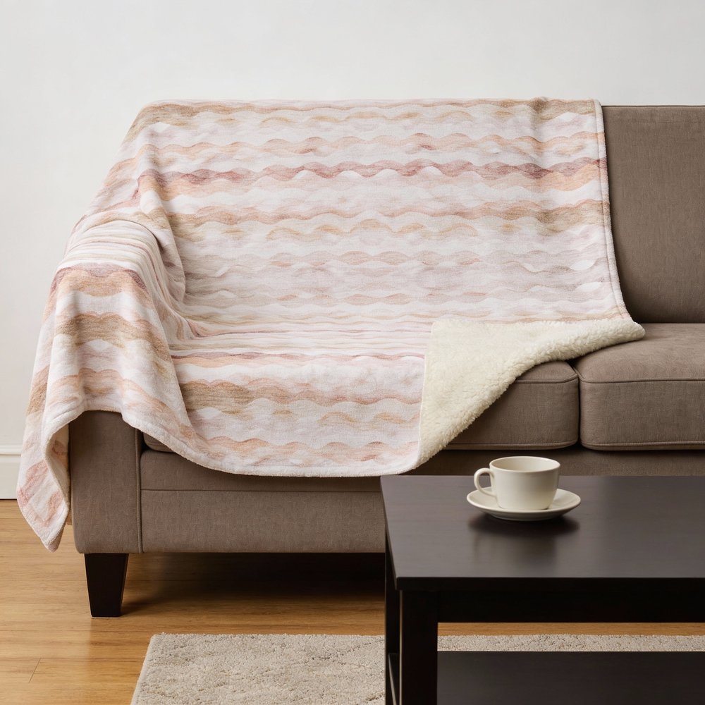 50" X 70" Peach Beige And Ivory Abstract Microfiber Plush Throw Blanket