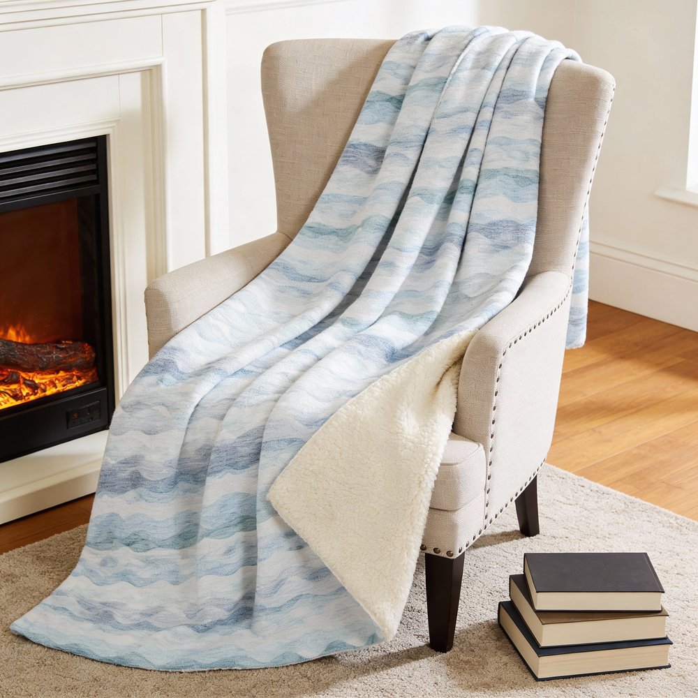 50" X 70" Blue And Ivory Abstract Microfiber Plush Throw Blanket