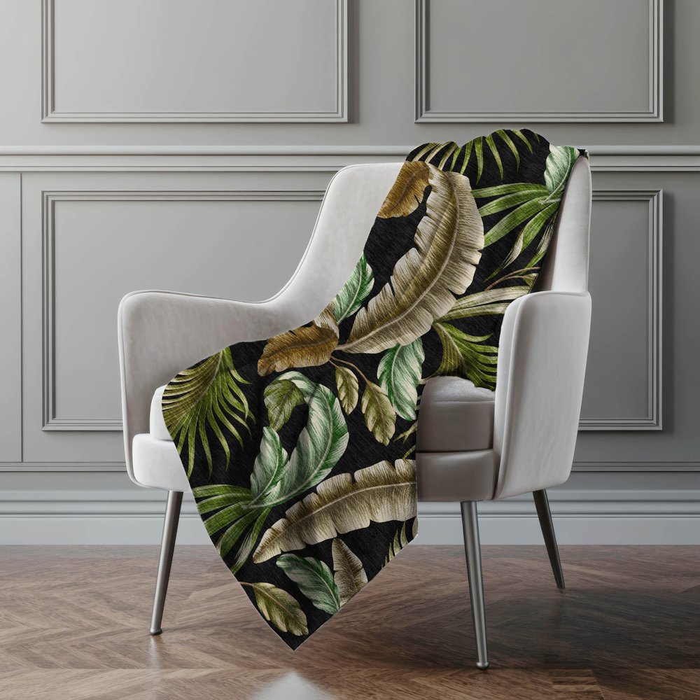 50" X 70" Midnight Chocolate And Beige Leaves Polyester Woven Plush Throw Blanket