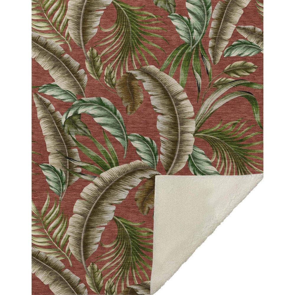 50" X 70" Rust Green And Beige Microfiber Leaves Plush Throw Blanket