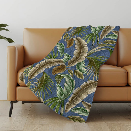 50" X 70" Blue Green And Beige Leaves Polyester Woven Plush Throw Blanket