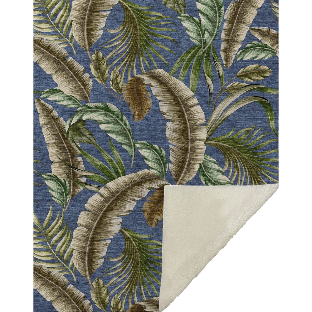 50" X 70" Blue Green And Beige Leaves Microfiber Plush Throw Blanket