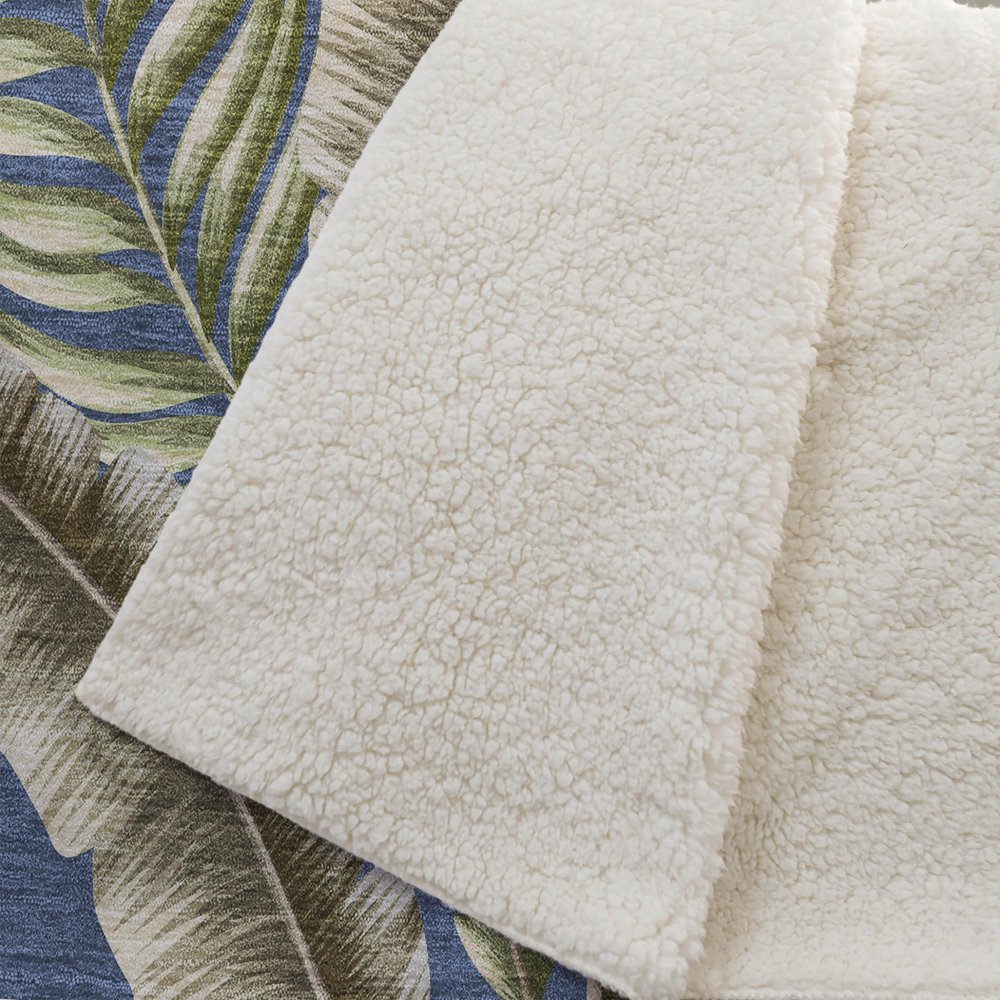 50" X 70" Blue Green And Beige Microfiber Leaves Plush Throw Blanket