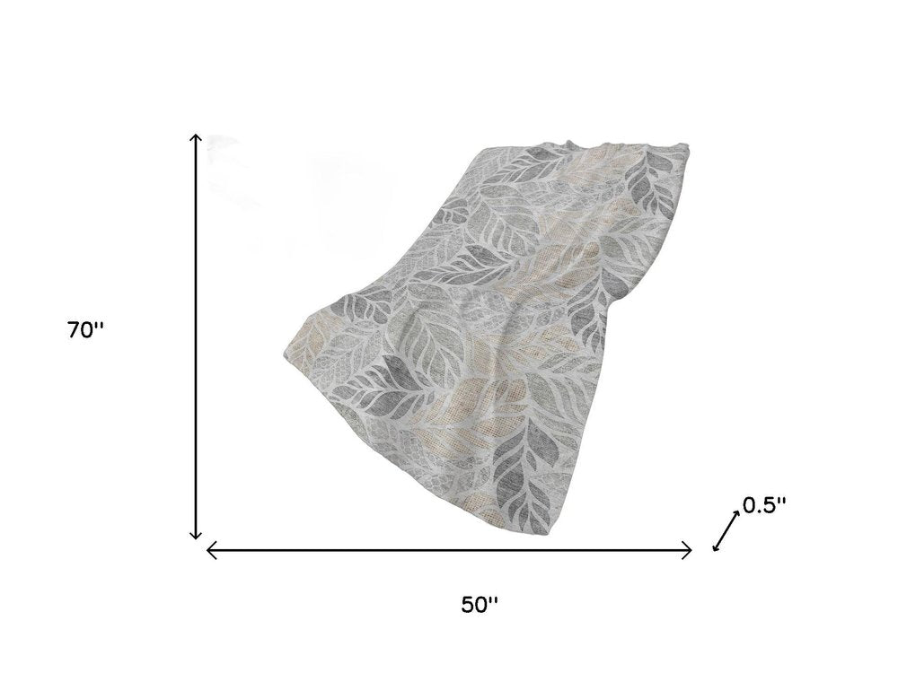 50" X 70" Gray And Charcoal Leaves Polyester Woven Plush Throw Blanket