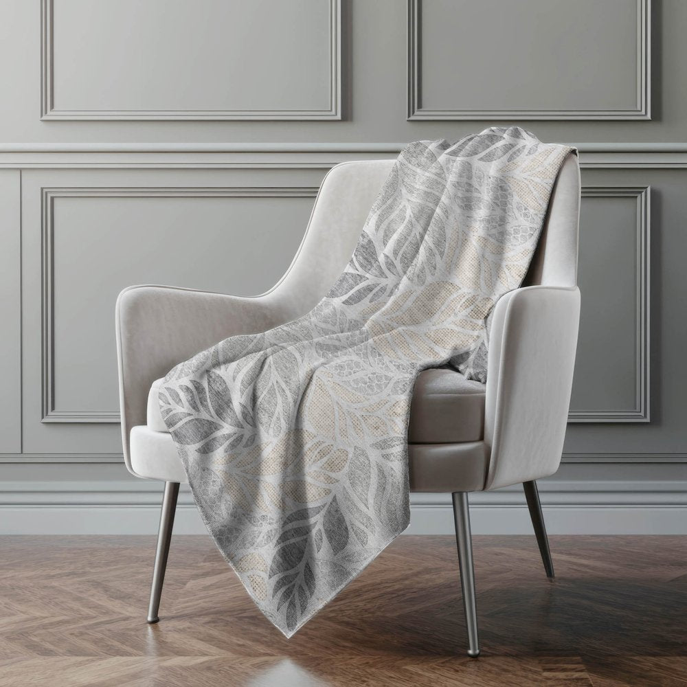 50" X 70" Gray And Charcoal Leaves Polyester Woven Plush Throw Blanket